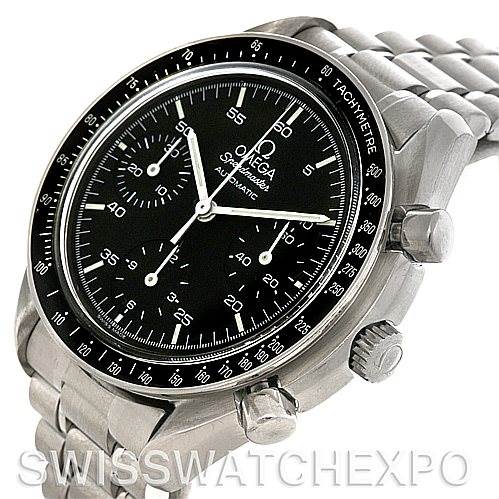 The image shows a tilted view of the Omega Speedmaster 3510.50 Men's Stainless Steel Black Dial 3510.50 Men's Stainless Steel Black Dial watch, highlighting its face, bezel, and stainless steel bracelet.
