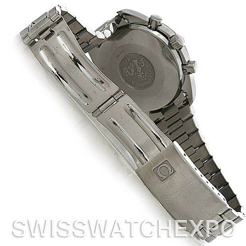 The image shows the back and clasp of an Omega Speedmaster 3510.50 Men's Stainless Steel Black Dial 3510.50 Men's Stainless Steel Black Dial watch at an angle displaying the bracelet and the case back with engraved details.