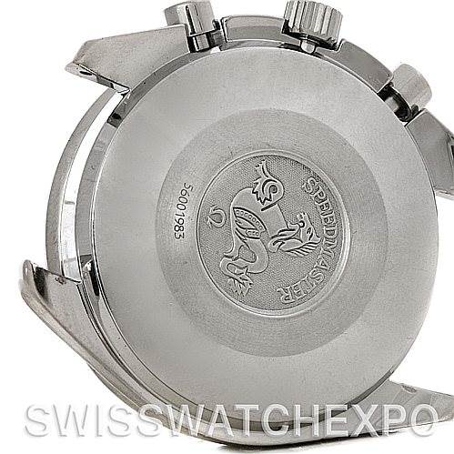 The image shows the case back and side profile of an Omega Speedmaster 3510.50 Men's Stainless Steel Black Dial 3510.50 Men's Stainless Steel Black Dial watch, highlighting its engraved back and pushers.