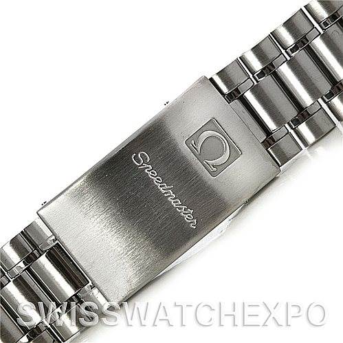 This image shows the stainless steel clasp and bracelet of an Omega Speedmaster 3510.50 Men's Stainless Steel Black Dial 3510.50 Men's Stainless Steel Black Dial watch, viewed from above.