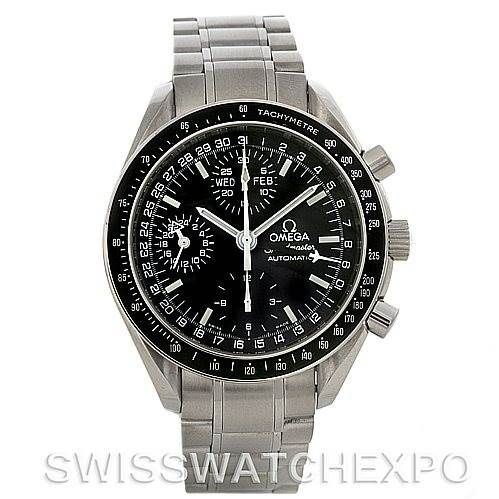 The image shows a front view of an Omega Speedmaster 3220.50.00 Men
s Stainless Steel Black Dial 3220.50.00 Men
s Stainless Steel Black Dial watch, displaying the dial, bezel, and stainless steel bracelet.