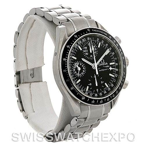 This image shows a side angle of the Omega Speedmaster 3220.50.00 Men
s Stainless Steel Black Dial 3220.50.00 Men
s Stainless Steel Black Dial watch, highlighting its bracelet, clasp, and tachymeter bezel.