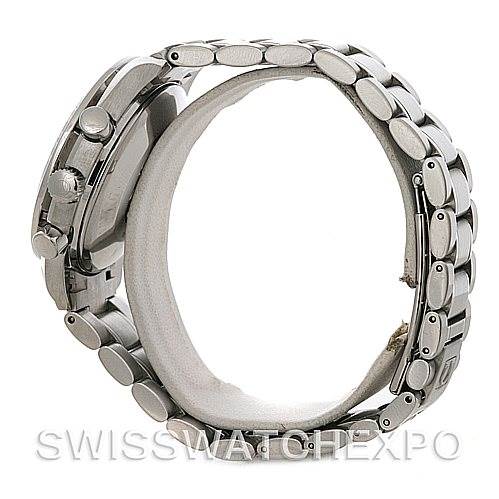 This image shows the side view of an Omega Speedmaster 3220.50.00 Men
s Stainless Steel Black Dial 3220.50.00 Men
s Stainless Steel Black Dial watch, focusing on the metallic bracelet and case.