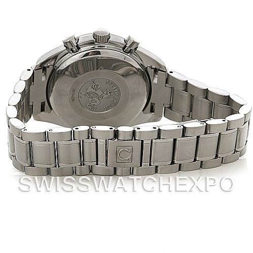 The image shows the back view of an Omega Speedmaster 3220.50.00 Men
s Stainless Steel Black Dial 3220.50.00 Men
s Stainless Steel Black Dial watch, focusing on the case back, bracelet, and clasp.