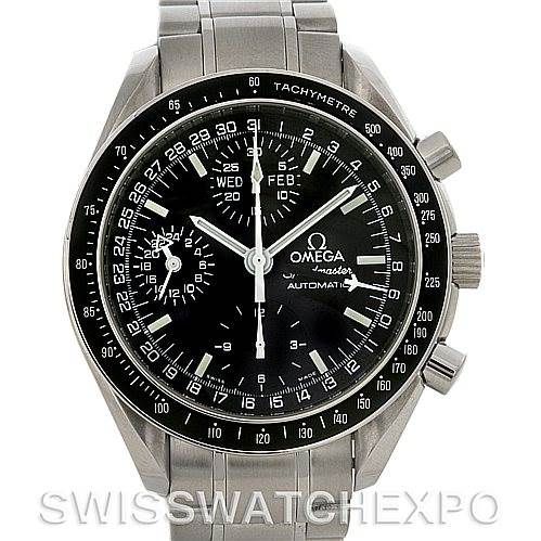 The image shows the front view of an Omega Speedmaster 3220.50.00 Men
s Stainless Steel Black Dial 3220.50.00 Men
s Stainless Steel Black Dial watch, highlighting its dial, tachymeter bezel, and chronograph features.