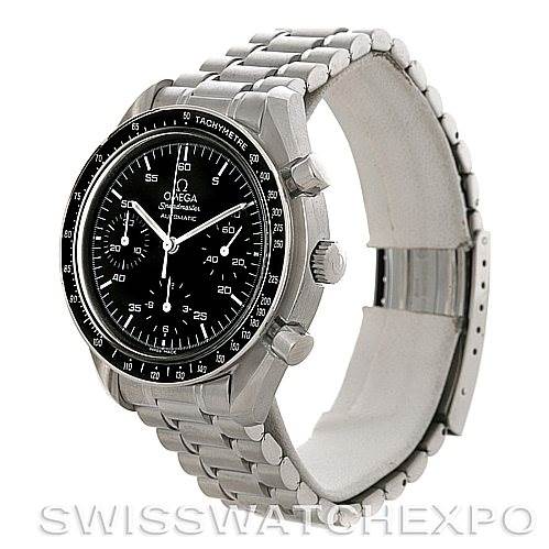 The Omega Speedmaster 3510.50.00 Men
s Stainless Steel Black Dial 3510.50.00 Men
s Stainless Steel Black Dial watch is shown at a three-quarter angle displaying its face, bezel, crown, chronograph pushers, and bracelet.
