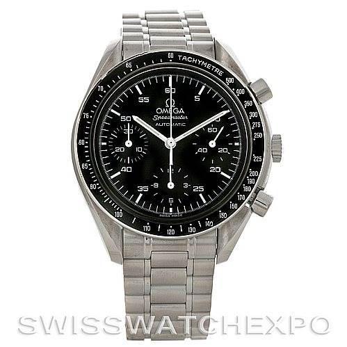 The image shows a front view of the Omega Speedmaster 3510.50.00 Men
s Stainless Steel Black Dial 3510.50.00 Men
s Stainless Steel Black Dial watch, highlighting its face, bezel, pushers, and metal bracelet.