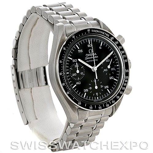 The image shows an Omega Speedmaster 3510.50.00 Men
s Stainless Steel Black Dial 3510.50.00 Men
s Stainless Steel Black Dial watch at a three-quarter angle, highlighting its face, bezel, and metal bracelet.
