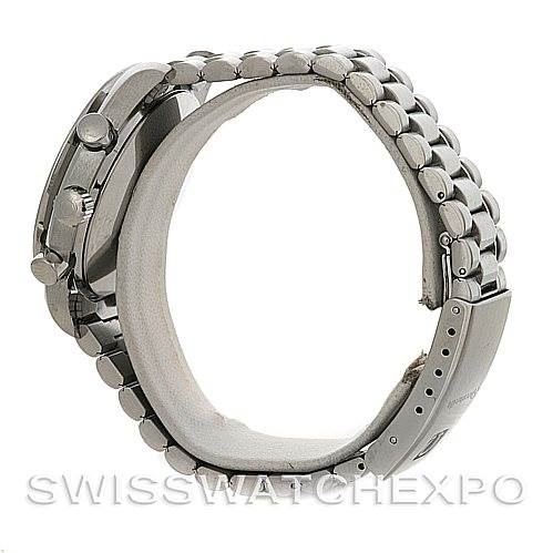 This image shows a side profile of an Omega Speedmaster 3510.50.00 Men
s Stainless Steel Black Dial 3510.50.00 Men
s Stainless Steel Black Dial watch, highlighting the case, crown, pushers, and bracelet.