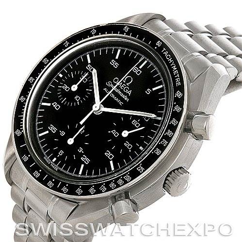 The image shows an Omega Speedmaster 3510.50.00 Men
s Stainless Steel Black Dial 3510.50.00 Men
s Stainless Steel Black Dial watch from a slightly tilted front angle, highlighting its case, dial, and bracelet.
