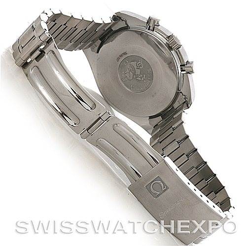 This image shows the back and clasp of an Omega Speedmaster 3510.50.00 Men
s Stainless Steel Black Dial 3510.50.00 Men
s Stainless Steel Black Dial
s metal bracelet. The case back logo is also visible.