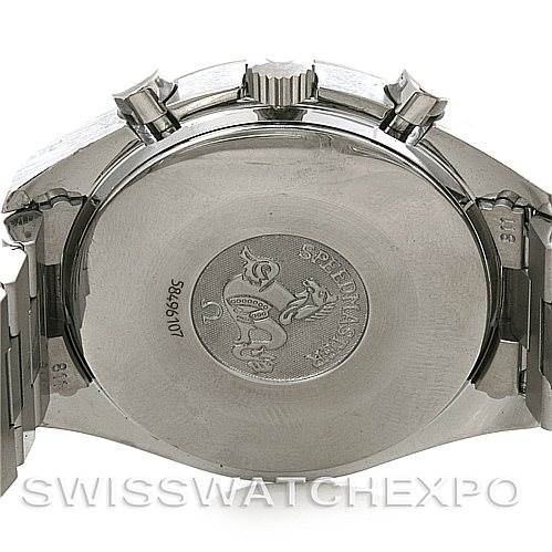 The image shows the case back and part of the bracelet of an Omega Speedmaster 3510.50.00 Men
s Stainless Steel Black Dial 3510.50.00 Men
s Stainless Steel Black Dial watch.