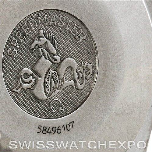 This image shows the case back of an Omega Speedmaster 3510.50.00 Men
s Stainless Steel Black Dial 3510.50.00 Men
s Stainless Steel Black Dial watch, featuring the model
s emblem and serial number.