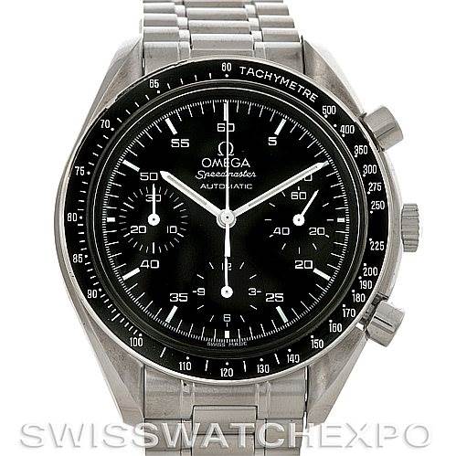 The image shows a front view of the Omega Speedmaster 3510.50.00 Men
s Stainless Steel Black Dial 3510.50.00 Men
s Stainless Steel Black Dial watch, highlighting its black dial, three sub-dials, tachymeter bezel, and bracelet.