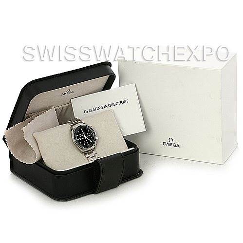 The Omega Speedmaster 3570.50.00 Men
s Stainless Steel Black Dial 3570.50.00 Men
s Stainless Steel Black Dial watch is displayed in a box with operating instructions and a cleaning cloth.