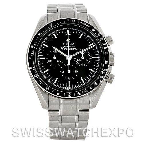The image shows a front view of an Omega Speedmaster 3570.50.00 Men
s Stainless Steel Black Dial 3570.50.00 Men
s Stainless Steel Black Dial Professional watch, highlighting the black dial, tachymeter bezel, and stainless steel bracelet.