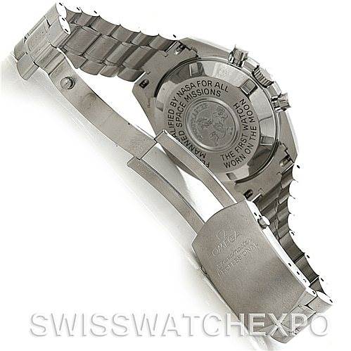 The image shows the back side and the open clasp of an Omega Speedmaster 3570.50.00 Men
s Stainless Steel Black Dial 3570.50.00 Men
s Stainless Steel Black Dial watch.