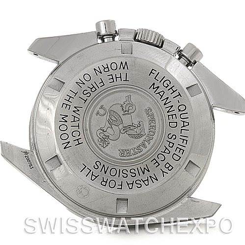 The image shows the case back and lugs of an Omega Speedmaster 3570.50.00 Men
s Stainless Steel Black Dial 3570.50.00 Men
s Stainless Steel Black Dial watch, featuring engraved text and logo detailing.