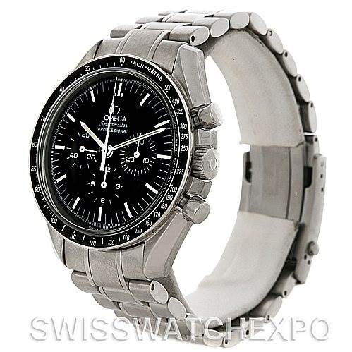 The image shows an Omega Speedmaster 3570.50.00 Men
s Stainless Steel Black Dial 3570.50.00 Men
s Stainless Steel Black Dial watch from a front-side angle, displaying the face, bezel, crown, pushers, and bracelet.