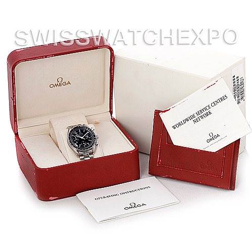 The Omega Speedmaster 3510.50.00 Men
s Stainless Steel Black Dial 3510.50.00 Men
s Stainless Steel Black Dial watch is shown in its open red box, along with its operating instructions and service centers booklet.