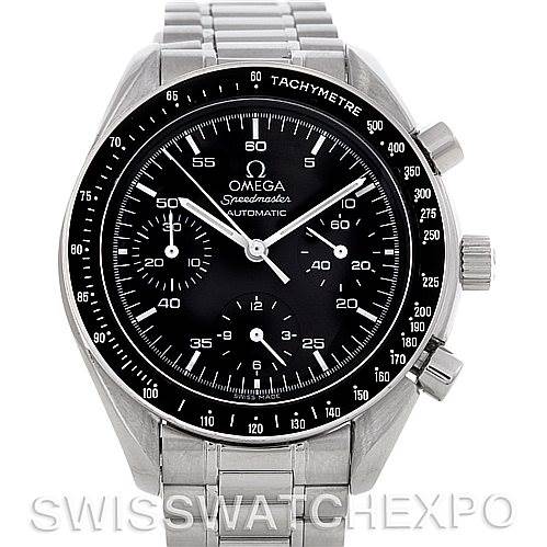 The image shows a front view of the Omega Speedmaster 3510.50.00 Men
s Stainless Steel Black Dial 3510.50.00 Men
s Stainless Steel Black Dial watch, highlighting its black dial, tachymeter bezel, two pushers, and stainless steel bracelet.