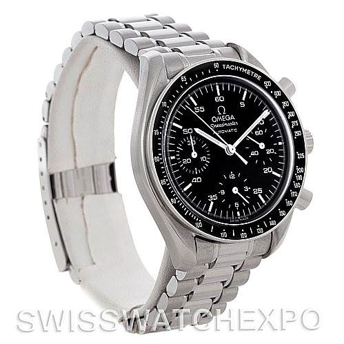 This image shows a side and front angle of an Omega Speedmaster 3510.50.00 Men
s Stainless Steel Black Dial 3510.50.00 Men
s Stainless Steel Black Dial watch, highlighting its black dial, bezel, and stainless steel bracelet.