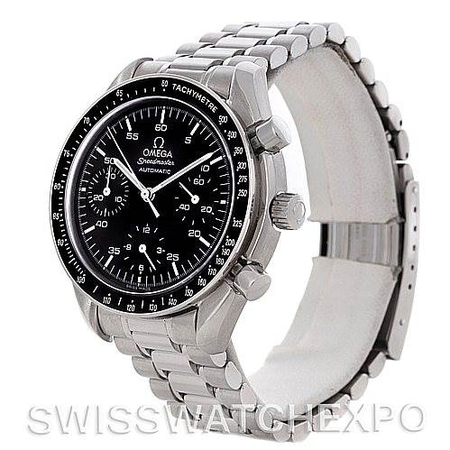 The image shows an Omega Speedmaster 3510.50.00 Men
s Stainless Steel Black Dial 3510.50.00 Men
s Stainless Steel Black Dial watch angled to display its face, bezel, crown, pushers, and the linked bracelet.