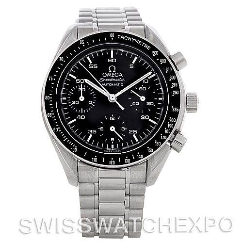 The image shows a frontal view of an Omega Speedmaster 3510.50.00 Men
s Stainless Steel Black Dial 3510.50.00 Men
s Stainless Steel Black Dial watch, highlighting its face, bezel, and stainless steel bracelet.