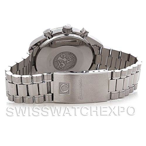 The image shows the back case, clasp, and bracelet of an Omega Speedmaster 3510.50.00 Men
s Stainless Steel Black Dial 3510.50.00 Men
s Stainless Steel Black Dial watch.