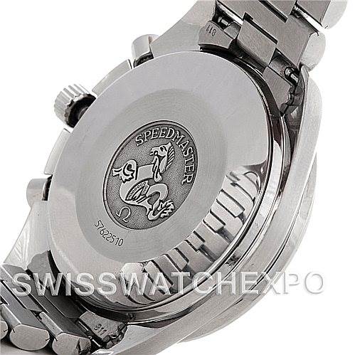 The image shows the back case and part of the bracelet of an Omega Speedmaster 3510.50.00 Men
s Stainless Steel Black Dial 3510.50.00 Men
s Stainless Steel Black Dial watch.