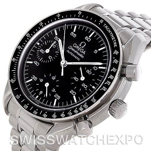 The image shows an angled view of an Omega Speedmaster 3510.50.00 Men
s Stainless Steel Black Dial 3510.50.00 Men
s Stainless Steel Black Dial watch, highlighting the black dial, bezel, chronograph subdials, and metal bracelet.