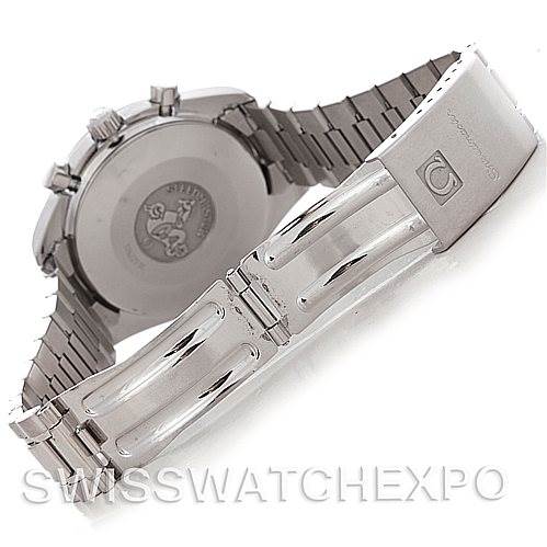 The image shows the metal bracelet and case back of an Omega Speedmaster 3510.50.00 Men
s Stainless Steel Black Dial 3510.50.00 Men
s Stainless Steel Black Dial watch, viewed from the rear angle.