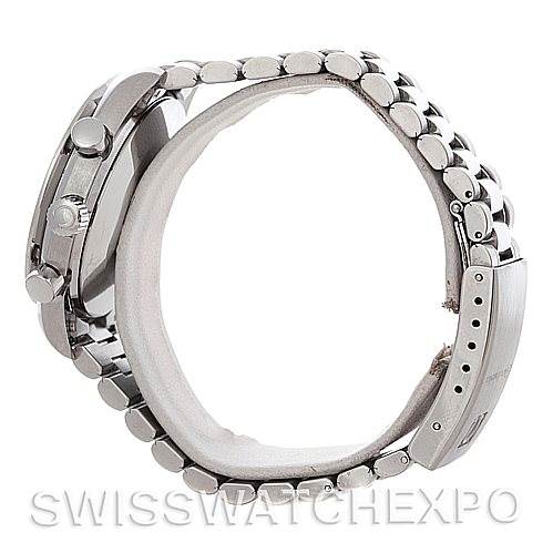 The image shows a side view of an Omega Speedmaster 3510.50.00 Men
s Stainless Steel Black Dial 3510.50.00 Men
s Stainless Steel Black Dial watch with its stainless steel case and bracelet.