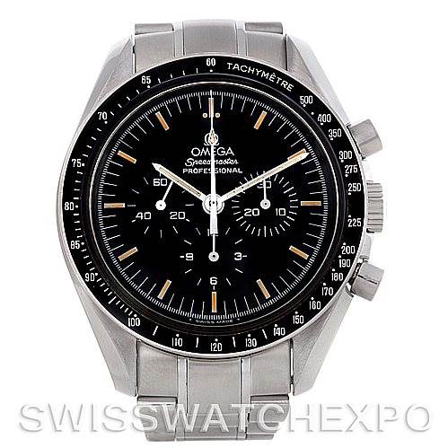 The image shows a front view of an Omega Speedmaster Men's Stainless Steel Black Dial Men's Stainless Steel Black Dial Professional watch with its face, bezel, crown, and chronograph pushers visible.