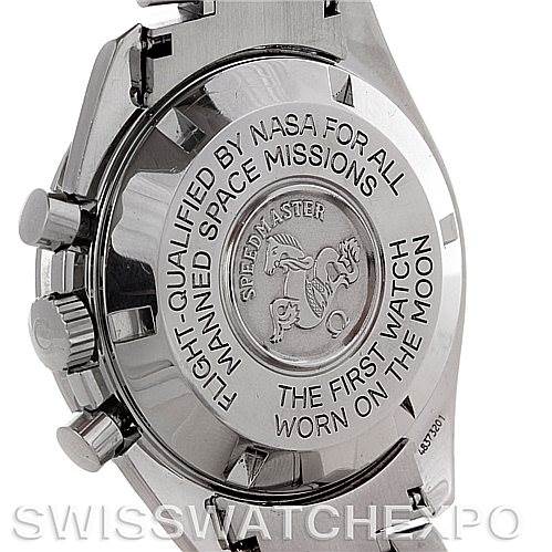 This is a rear view of the Omega Speedmaster Men's Stainless Steel Black Dial Men's Stainless Steel Black Dial watch, showing the engraved case back and side chronograph buttons.