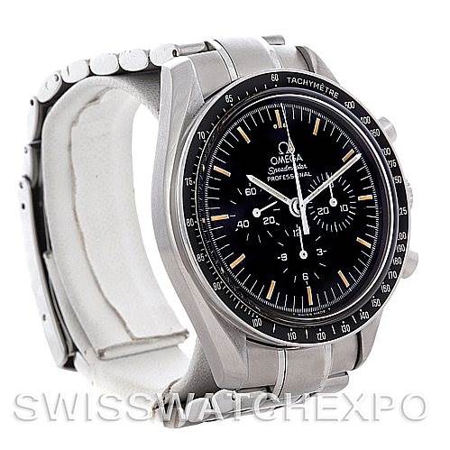 The image shows an Omega Speedmaster Men's Stainless Steel Black Dial Men's Stainless Steel Black Dial watch at an angled view, highlighting the bezel, dial, bracelet, and tachymeter scale.