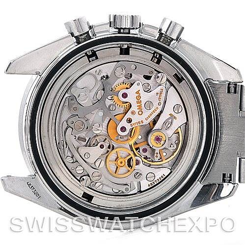 The image shows the back view of an Omega Speedmaster Men's Stainless Steel Black Dial Men's Stainless Steel Black Dial watch, highlighting its exposed mechanical movement and inner workings.