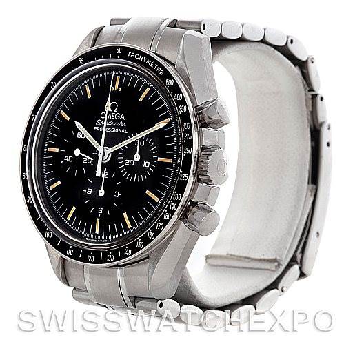 The image shows an Omega Speedmaster Men's Stainless Steel Black Dial Men's Stainless Steel Black Dial watch at an angle displaying the face, bezel, side pushers, and part of the bracelet.