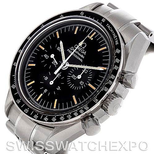 The image shows an Omega Speedmaster Men's Stainless Steel Black Dial Men's Stainless Steel Black Dial watch from an angled side view, highlighting its face, bezel, crown, and pushers.