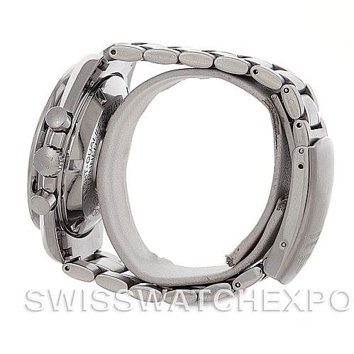 This side view of the Omega Speedmaster Men's Stainless Steel Black Dial Men's Stainless Steel Black Dial shows the stainless steel bracelet and case with visible pushers and crown.