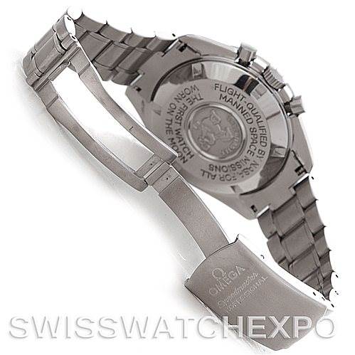 The image shows the back case and open clasp of an Omega Speedmaster Men's Stainless Steel Black Dial Men's Stainless Steel Black Dial watch, highlighting its stainless steel bracelet.