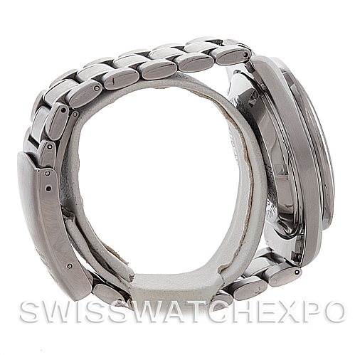 This image shows a side view of an Omega Speedmaster Men's Stainless Steel Black Dial Men's Stainless Steel Black Dial watch with its bracelet band and case prominently displayed.