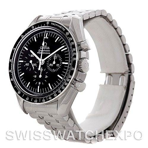 This image shows a side and front angled view of the Omega Speedmaster 3570.50.00 Men
s Stainless Steel Black Dial 3570.50.00 Men
s Stainless Steel Black Dial watch, showcasing its face, bezel, crown, and part of the bracelet.
