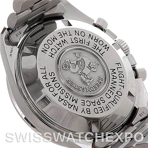 This image shows the back case of an Omega Speedmaster 3570.50.00 Men
s Stainless Steel Black Dial 3570.50.00 Men
s Stainless Steel Black Dial watch, highlighting engravings and the case back design.