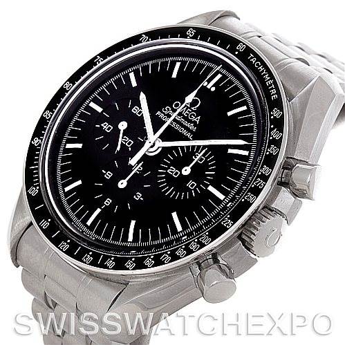The image shows an angled close-up of the Omega Speedmaster 3570.50.00 Men
s Stainless Steel Black Dial 3570.50.00 Men
s Stainless Steel Black Dial watch, highlighting its dial, bezel, and crown.