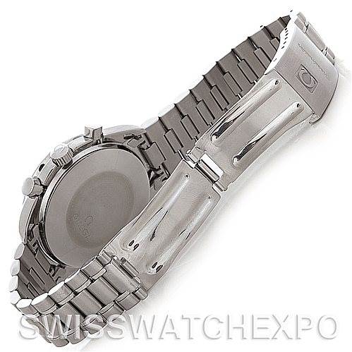 The image shows the back of an Omega Speedmaster 3510.50.00 Men
s Stainless Steel Black Dial 3510.50.00 Men
s Stainless Steel Black Dial watch, focusing on the case back, bracelet, and clasp.