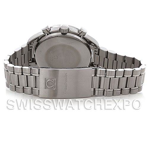 The image shows the back view of an Omega Speedmaster 3510.50.00 Men
s Stainless Steel Black Dial 3510.50.00 Men
s Stainless Steel Black Dial watch, highlighting the case back and metal bracelet with clasp.