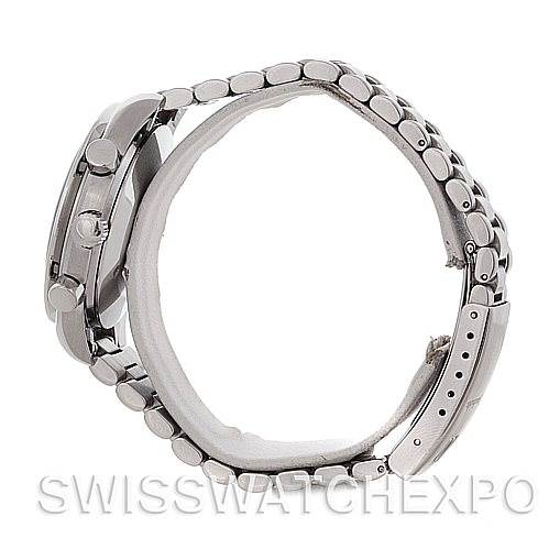 This image shows a side view of the Omega Speedmaster 3510.50.00 Men
s Stainless Steel Black Dial 3510.50.00 Men
s Stainless Steel Black Dial watch, highlighting its metal bracelet and side buttons.