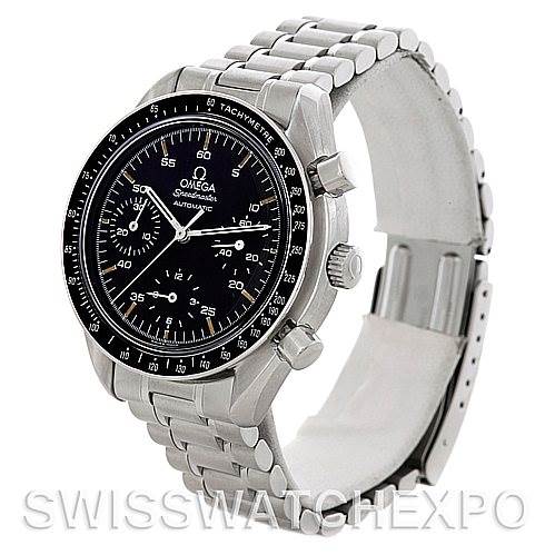 This image shows a side and front angle view of an Omega Speedmaster 3510.50.00 Men
s Stainless Steel Black Dial 3510.50.00 Men
s Stainless Steel Black Dial watch, highlighting its face, bezel, pushers, and metal bracelet.