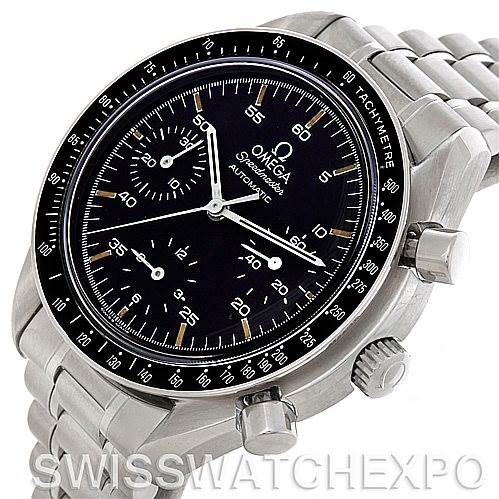 The image shows the Omega Speedmaster 3510.50.00 Men
s Stainless Steel Black Dial 3510.50.00 Men
s Stainless Steel Black Dial watch from a three-quarter angle, highlighting the dial, bezel, and stainless steel bracelet.